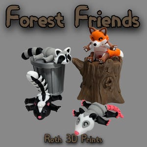 Forest Friends - 3D Printed Raccoon, Opossum, Fox, and Skunk Figures - Articulated Animals - Flexi, Fidget Toy, Sensory, Trash Panda, ADHD