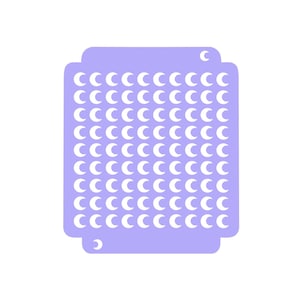 Puede incluir: Una plantilla morada con un patrón repetitivo de medias lunas blancas.