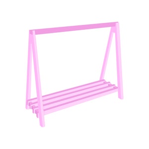 May include: Pink wooden clothing rack with a triangular frame and a shelf with slats.