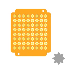 May include: Orange card with a grid of 49 small yellow suns. A single grey star is in the bottom right corner.