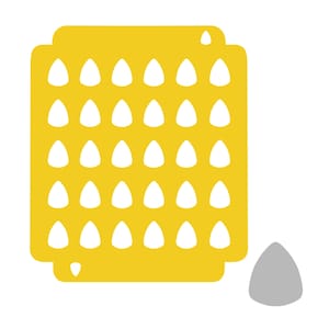 May include: A yellow corn cob with white kernels, and a single gray kernel next to it.