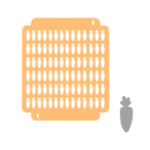 Puede incluir: Una plantilla naranja claro con una cuadrícula de 6 filas y 7 columnas de formas de zanahoria. Las formas de zanahoria son blancas y tienen una hoja en la parte superior. Hay una sola forma de zanahoria gris a la derecha de la plantilla.
