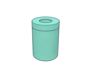 May include: A light blue cylindrical trash can with a round opening at the top.