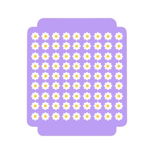 Può includere: Un foglio di carta adesiva viola con una griglia di 6 righe e 8 colonne di adesivi di margherite bianche con centri gialli.