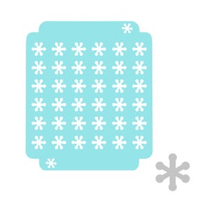 Peut inclure: Un pochoir bleu clair avec un motif de flocons de neige. Le pochoir a des coins arrondis et une petite découpe de flocon de neige. Un flocon de neige gris séparé est également visible.