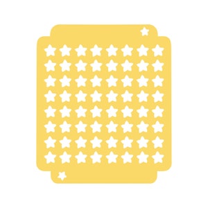 Peut inclure: Un pochoir jaune avec des coins arrondis et une grille d'étoiles blanches. Ce pochoir est conçu pour les loisirs créatifs ou la décoration, permettant de créer facilement des motifs d'étoiles.