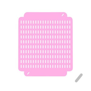 Op de afbeelding: Een roze vierkante patch met een rasterpatroon van kleine witte rechthoeken.