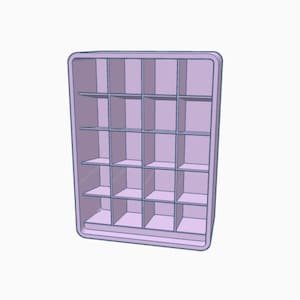 Puede incluir: Una estantería de color lila claro con 18 compartimentos cuadrados. La estantería está hecha de plástico y tiene un acabado liso y brillante.