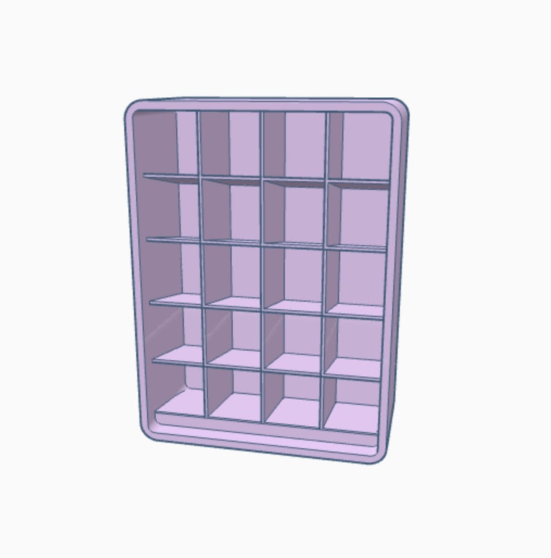 May include: A light purple shelf unit with 18 square compartments. The shelf unit is made of plastic and has a smooth, glossy finish.