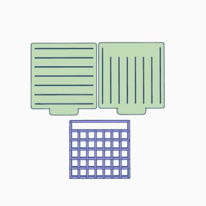 May include: Three waffle iron plates, two with a green background and parallel lines, and one with a purple background and a grid pattern.