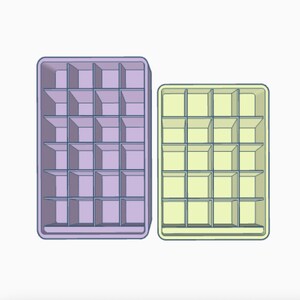 May include: Two plastic storage containers with multiple compartments. The larger container is purple and the smaller container is yellow.