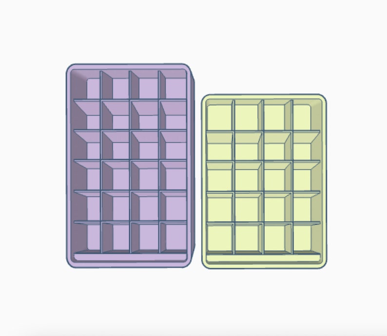 May include: Two plastic storage containers with multiple compartments. The larger container is purple and the smaller container is yellow.