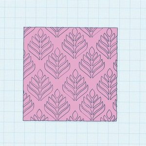 May include: A rectangular design featuring a repeating pattern of stylized leaf shapes. The leaves are outlined in dark gray against a light pink background. The design is set against a blue grid.