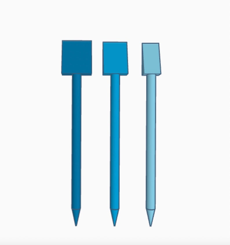 May include: Three blue gradient-colored plant markers. Each marker has a square top and a long, thin stem ending in a pointed tip. The markers are arranged vertically, showcasing a range of blue hues from dark to light.