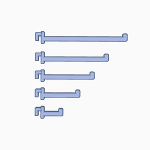 May include: Five different sizes of metal shelf brackets, all in a light blue color. The brackets are arranged in a descending order of size, with the largest bracket at the top and the smallest bracket at the bottom.