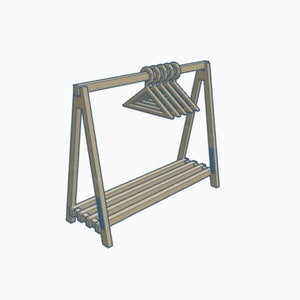 May include: A wooden clothing rack with a shelf and five wooden hangers. The rack is made of light brown wood and has a rustic look.