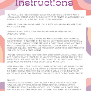 May include: Embossing instructions with a pink, orange, and purple background. The text explains how to use a 3D printer and parchment paper to create embossed designs.