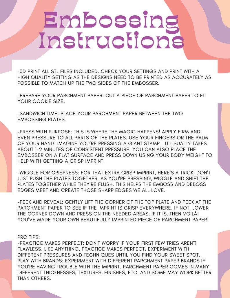 May include: Embossing instructions with a pink, orange, and purple background. The text explains how to use a 3D printer and parchment paper to create embossed designs.