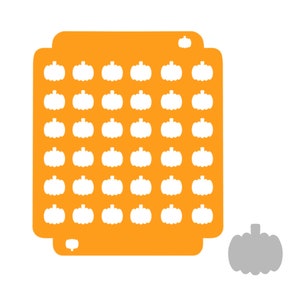 May include: Orange stencil with 36 pumpkin shapes for crafting. The stencil is made of a durable material and is reusable. It is perfect for creating pumpkin-themed decorations for autumn.