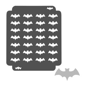 May include: A gray stencil with a repeating pattern of white bat silhouettes. The stencil is rectangular with rounded corners. A single gray bat silhouette is shown below the stencil.