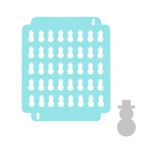 May include: A light blue sheet with 49 white snowman outlines arranged in a grid pattern. A single gray snowman is shown to the right of the sheet.