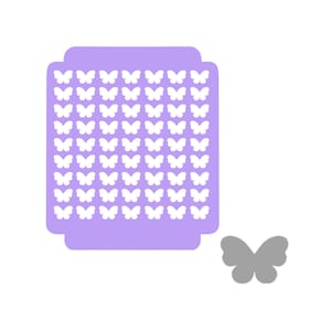 May include: A purple stencil with a grid of 49 white butterfly shapes. A single grey butterfly shape is below the stencil.