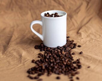 Coffee Cup Candle, White Stoneware Mug, Scented Soy Wax
