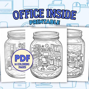 Op de afbeelding: Zwart-wit kleurplaten met kantoortafereel in weckpotten. De tekst "OFFICE INSIDE PRINTABLE" staat boven de afbeeldingen. Een PDF-logo met "14 COLORING PAGES" is ook zichtbaar.