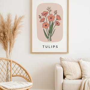 Minimalist Tulip Wall Art Printable | Boho Floral Digital Poster | Pink Botanical Flower Art | Modern Tulips Downloadable Print