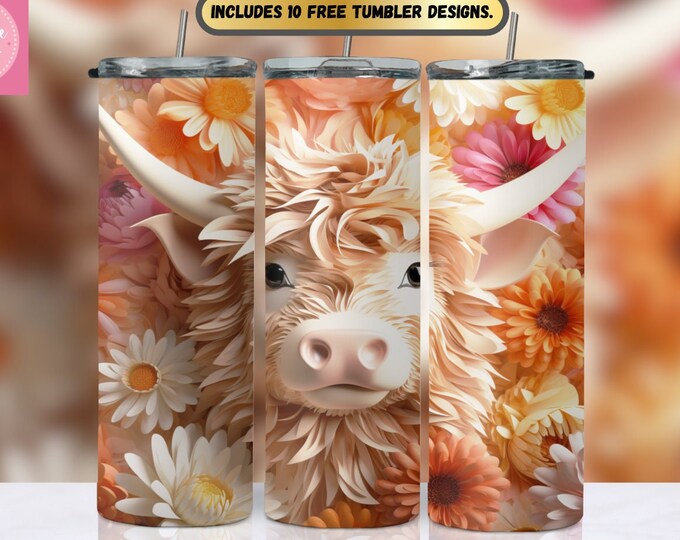 Sublimation Design, 3D Highland Cow Cute Trendy Floral Tumbler Wrap, 20 ...