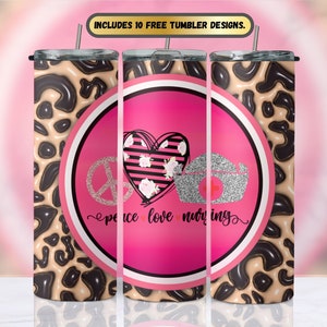 3D Inflated Peace Love Nursing Cute Pink Brown Leopard Print Sublimation Design, Skinny Straight Wrap 20 oz,Digital Download PNG For Tumbler