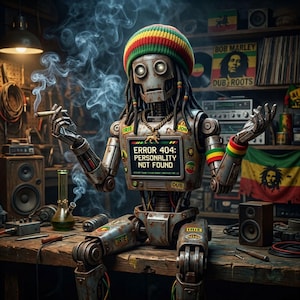 May include: A steampunk robot with dreadlocks and a Rasta-colored beanie smokes a cigar. The robot's chest displays "ERROR 404: PERSONALITY NOT FOUND." The background includes a Bob Marley poster, a Rasta flag, and a bong.