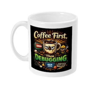 Op de afbeelding: Witte keramische mok met een zwarte afbeelding met de tekst "Coffee First, Then Debugging". Het ontwerp toont een koffiekopje met een boos gezicht, een computerscherm met een foutmelding en een stripfiguur met een helm.