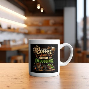 May include: White ceramic coffee mug with a black graphic that reads "Coffee first, then Debugging." The design includes a cartoon coffee cup, coffee beans, and a programmer with a computer. The mug is on a wooden table.