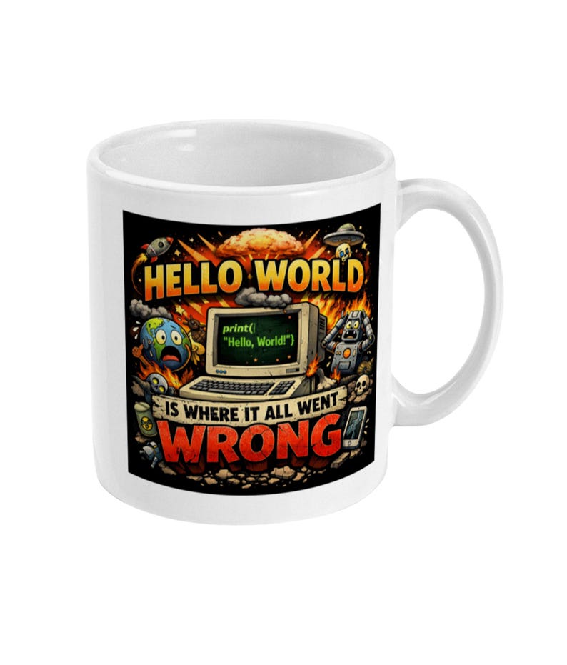 Op de afbeelding: Witte keramische mok met een zwarte afbeelding. De afbeelding toont de tekst "HELLO WORLD" boven een computerscherm met "Hello, World!". Daaronder staat de tekst "IS WHERE IT ALL WENT WRONG".