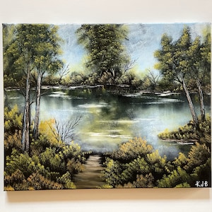 Original Handmade Natural Lake Landscape Oil Painting on Canvas Art Home Décor