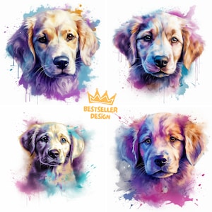 ゴールデンレトリバーの子犬のアートプリント、ゴールデンレトリバーの子犬の水彩クリップアート、かわいい犬のウォールアート、ゴールデンレトリバーの子犬のデジタルアート