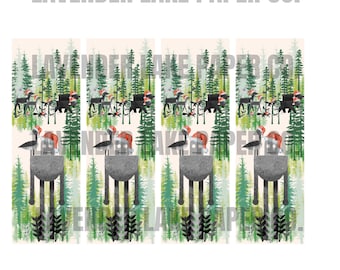 May include: A digital printable design featuring a gray robot wearing a Santa hat and standing in a forest of green trees. The robot is holding a small bird with a Santa hat on its head. The design is perfect for creating holiday cards, gift tags, or wrapping paper.