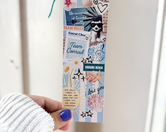 May include: A handmade bookmark with a teal ribbon, featuring a collage of beach-themed images and text. The text includes "the summer I turned pretty", "Team Belly", "Cousins Beach", and "I love you".