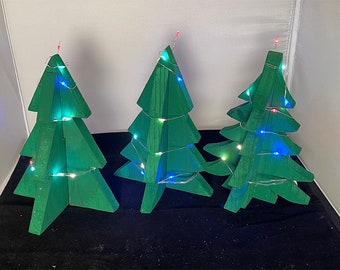 Handmade Rustic Rough cut Green painted Wooden Christmas trees with MUMUXI LED Fairy Lights Battery Operated String Lights. Set of three