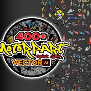 Puede incluir: Una ilustración colorida de más de 400 piezas de motor, incluyendo ruedas, neumáticos, motores y otras piezas de automóvil. La imagen está etiquetada como "400+ Motor Part ThaiLook Style Vector Ai".