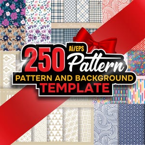 May include: A collection of 250 seamless patterns and backgrounds in various styles, including floral, geometric, and abstract. The patterns are presented in a grid format with a red ribbon and bow on top. The text "250 Pattern Pattern and Background Template" is displayed in a black box with white text.