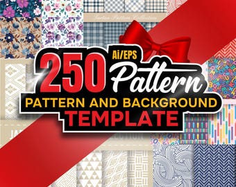 May include: A collection of 250 seamless patterns and backgrounds in various styles, including floral, geometric, and abstract. The patterns are presented in a grid format with a red ribbon and bow on top. The text "250 Pattern Pattern and Background Template" is displayed in a black box with white text.