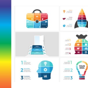 May include: A colorful infographic illustrating the steps involved in starting a business. The infographic features a briefcase, a rocket ship, a money bag, a door with steps, a light bulb, and a head with a light bulb inside. Each step is labeled with a number and a descriptive word, such as "Idea", "Solution", "Planning", "Research", "Business", and "Startup".