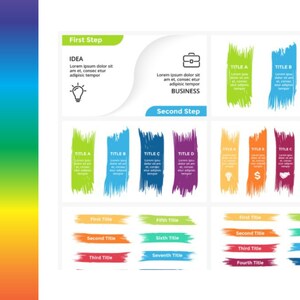 May include: A colorful infographic with the word "ABSTRACT" in large white letters on the left side. The infographic is divided into sections with titles "First Step" and "Second Step". Each section contains colorful brushstroke shapes with text and icons.