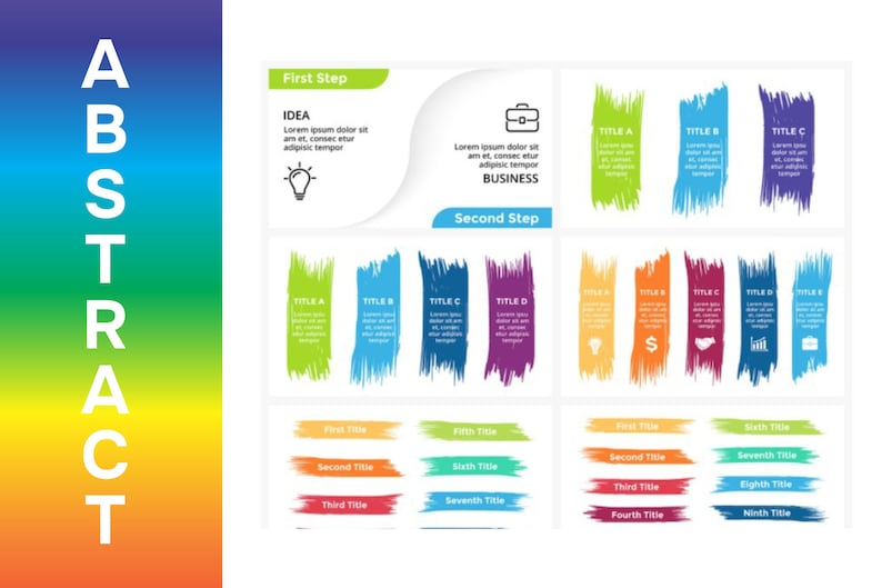 May include: A colorful infographic with the word "ABSTRACT" in large white letters on the left side. The infographic is divided into sections with titles "First Step" and "Second Step". Each section contains colorful brushstroke shapes with text and icons.