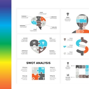 May include: A diagram with the word "SWOT ANALYSIS" in black text. The diagram is made up of four puzzle pieces, each with a different color: gray, blue, orange, and tan. The letters "S", "W", "O", and "T" are in the center of each puzzle piece. The puzzle pieces are arranged in a square shape. The words "TITLE A", "TITLE B", "TITLE C", and "TITLE D" are written in black text above each puzzle piece.