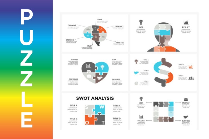 May include: A diagram with the word "SWOT ANALYSIS" in black text. The diagram is made up of four puzzle pieces, each with a different color: gray, blue, orange, and tan. The letters "S", "W", "O", and "T" are in the center of each puzzle piece. The puzzle pieces are arranged in a square shape. The words "TITLE A", "TITLE B", "TITLE C", and "TITLE D" are written in black text above each puzzle piece.