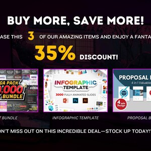 May include: A graphic advertisement for three digital product bundles: a font bundle with 30,000 fonts, an infographic template with 3,000 animated slides, and a proposal bundle with four designs. The advertisement features a 35% discount for purchasing all three bundles.