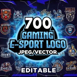 Może przedstawiać: Kolekcja 700 logo gier e-sportowych w formatach JPEG i wektorowych. Loga są kolorowe i prezentują różnorodne wzory, w tym zwierzęta, postacie i abstrakcyjne kształty. Loga są edytowalne, co czyni je idealnymi do wykorzystania w brandingu i marketingu.